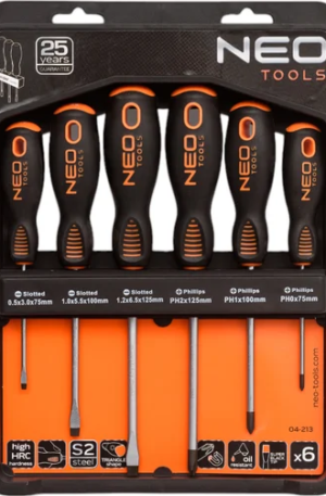 Набор отверток NEO Tools 6 шт., SL/PH, S2, двухкомпонентная рукоятка, на планке 04-213